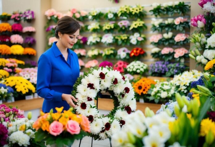 En person vælger omhyggeligt en smuk begravelseskrans i en blomsterbutik omgivet af en række farverige blomster og grønt En person vælger omhyggeligt en smuk begravelseskrans i en blomsterbutik omgivet af en række farverige blomster og grønt